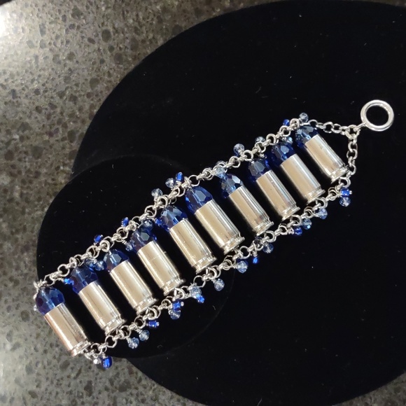 Handmade Bullet Shell Casing Bracelet With Blue Swarovski Crystals - Picture 2 of 15
